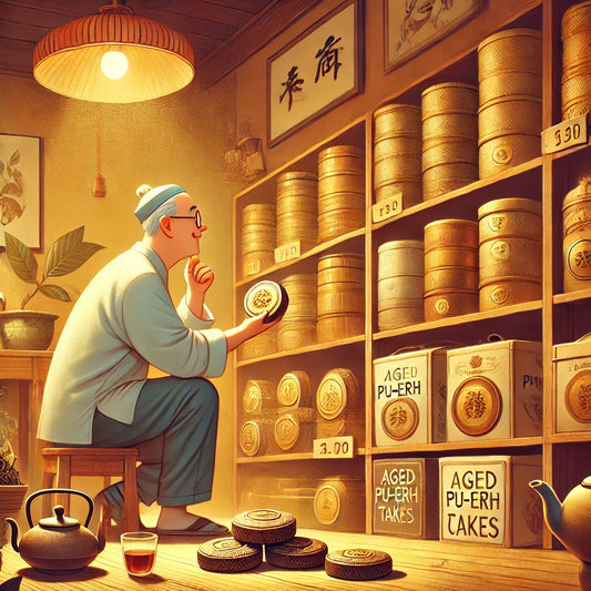 This is an image depicting the joy of collecting aged Pu-erh tea, showing a collector admiring different tea cakes with anticipation.